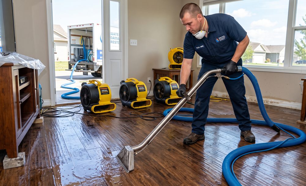 A restoration technician extracting standing water from a flooded floor with air movers running